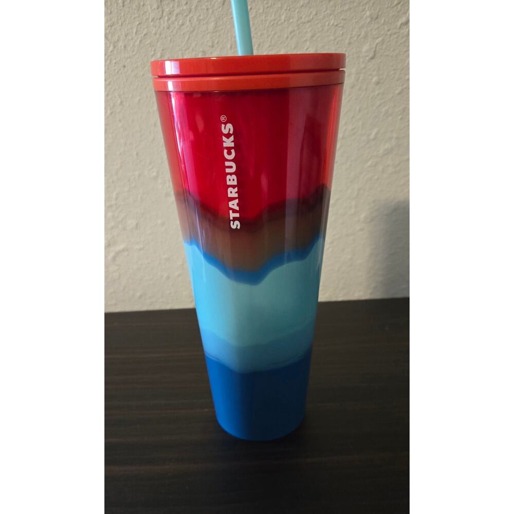 Discontinued Starbucks Summer 2021 Collection red and blue watercolor tumbler.